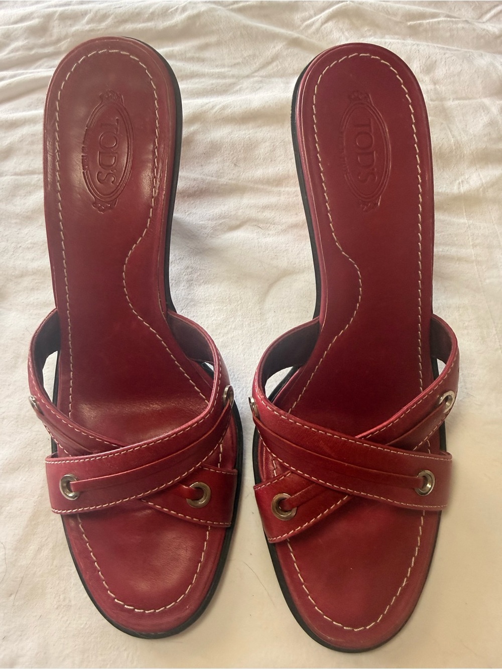 Tod's Burgundy Leather Mules with Eyelet Detail. Amazing Quality!